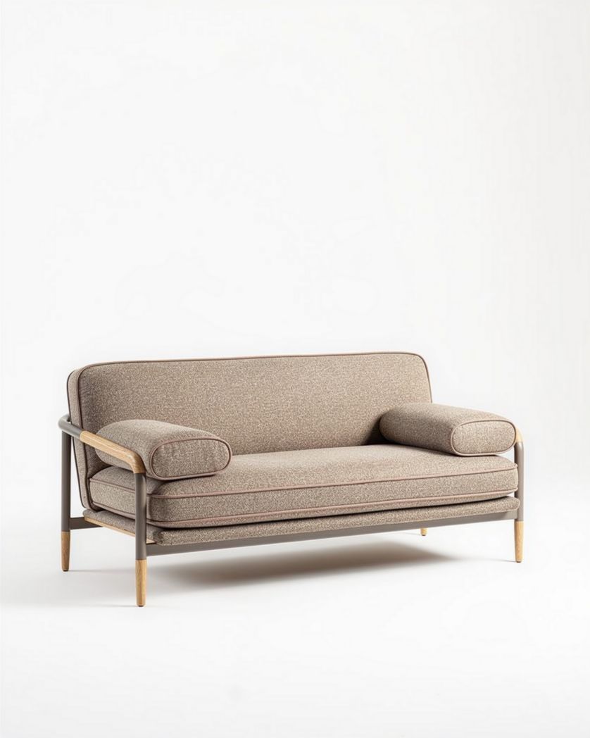 Tweed bank met houten details bruin 200 x 90 x 85cm