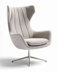 Lichtgrijze fauteuil met hoge rugleuning van stof en metalen voet 85 x 80 x 110cm