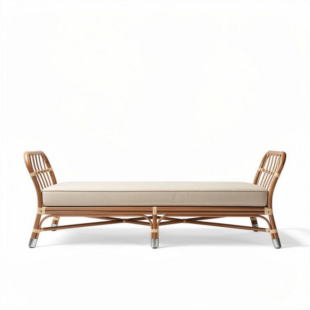 Rieten ligbed met bekleding in beige 150 x 70 x 60cm voor buitengebruik