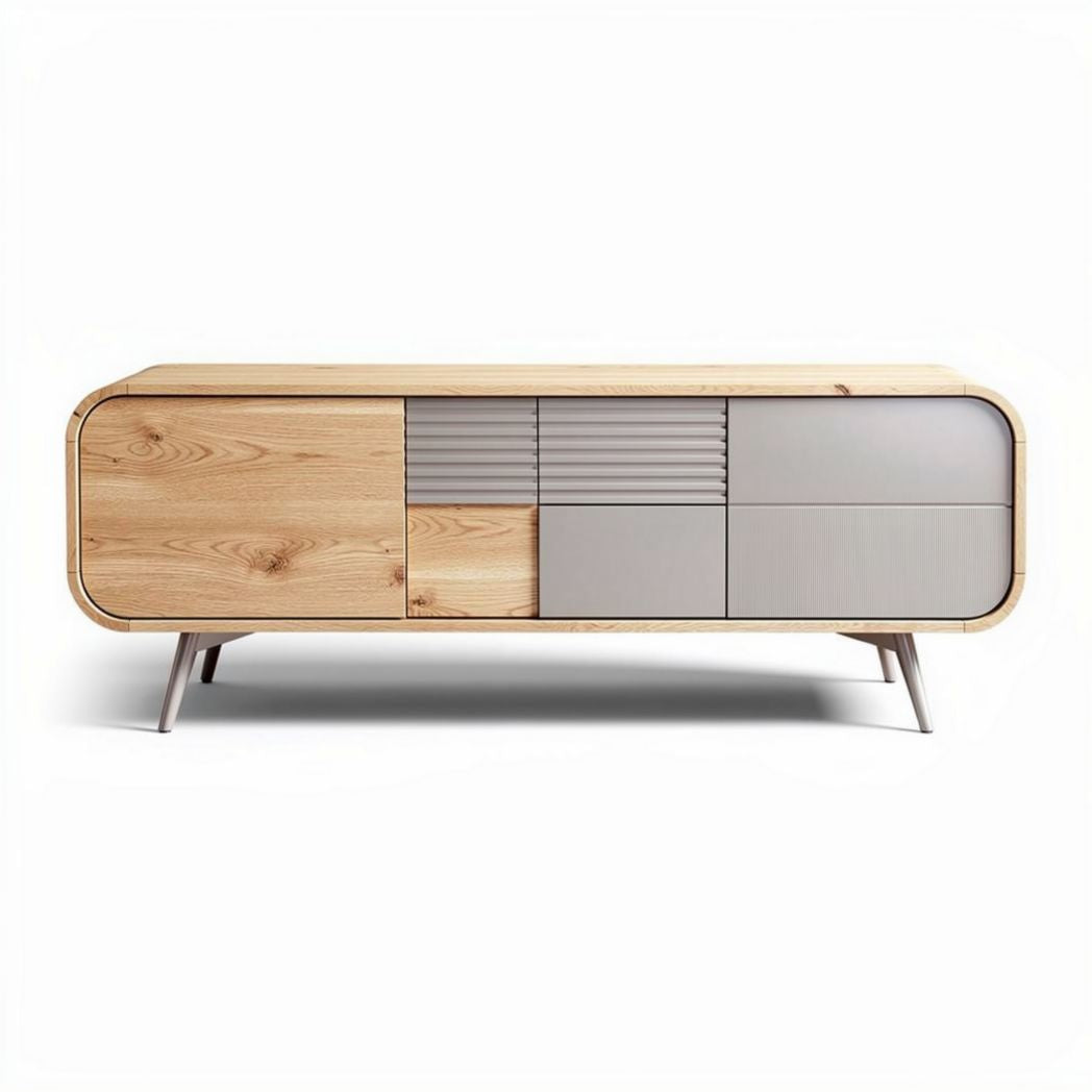 Houten tv-kast met grijze fronten en regels van 150 x 40 x 50cm